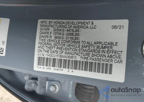2021 Honda Accord Sport from USA, damaged, VIN 1HGCV1F39MA083810